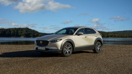 Mazda CX-30 parkt an einem See